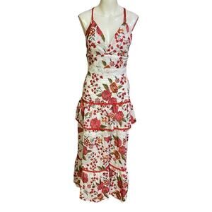 Beulah Style Tiered Rose Embroidered Maxi Dress Size S